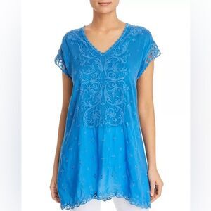 Johnny Was Dani Short Sleeve Georgette Embroidered V-Neck Tunic Top Blue Medium